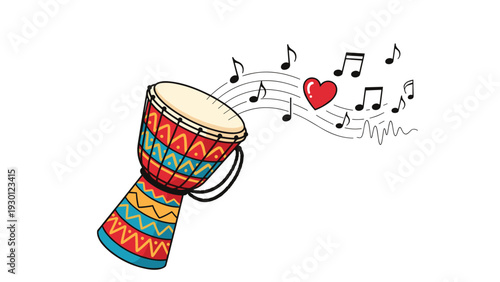 Colorful djembe drum with traditional patterns emits musical notes and a red heart symbol representing the love for ethnic music.