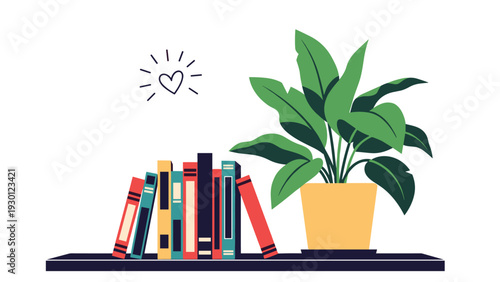 Bookshelf with a row of colorful books leaning against a lush green potted plant and a small glowing heart icon above them.