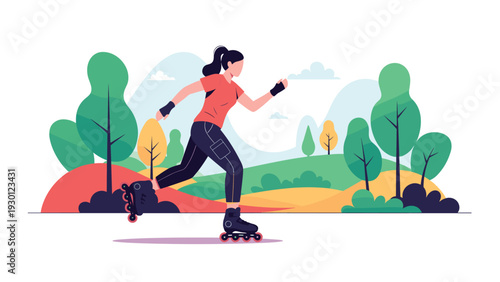 Active woman enjoys rollerblading through a vibrant stylized park filled with colorful trees and rolling green hills in the daylight.