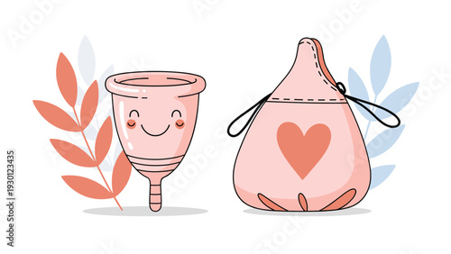 Cute cartoon illustration of a pink menstrual cup with a smiling face next to its matching storage bag featuring a heart symbol.