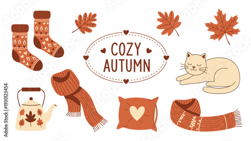 Collection of cozy autumn elements including warm socks, a sleeping cat, a teapot, a scarf, and fall leaves in warm earthy tones.
