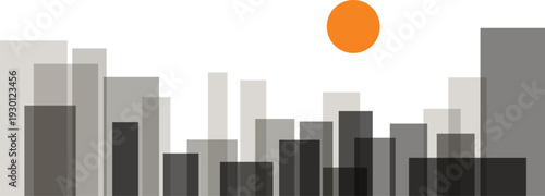 Abstract Minimalist City Skyline Silhouette With Overlapping Gray Buildings And Sun