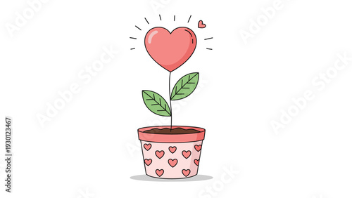 Heart shaped pink flower grows in a matching decorative pot with heart patterns symbolizing love and care for nature and plants.