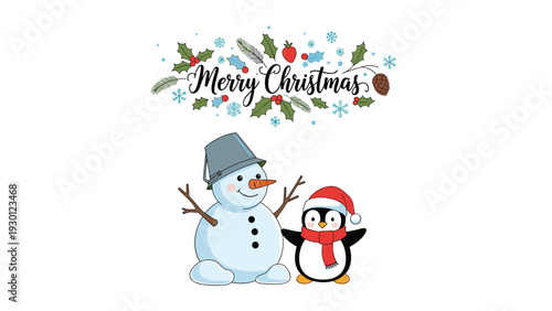 Festive illustration for merry christmas featuring a cute snowman with a bucket hat and a little penguin wearing a red santa hat.