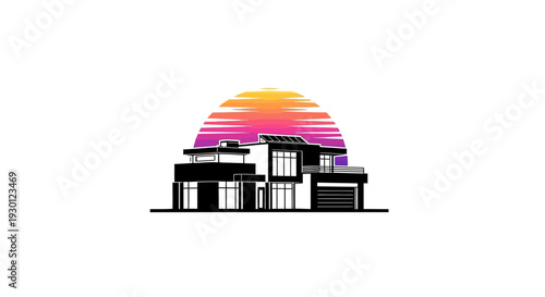 Stylized contemporary house silhouette against a vibrant gradient sunrise or sunset sky
