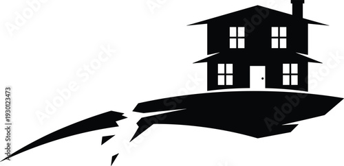 Black Silhouette Vector Illustration of a House on Cracked Ground Representing Earthquake Damage Natural Disaster Risk and Real Estate Insurance