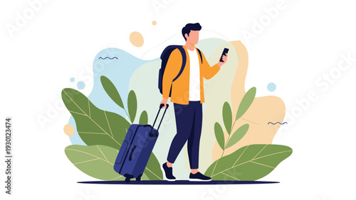 Young man traveler walks with his blue suitcase and backpack while checking directions on his smartphone against a leafy background.