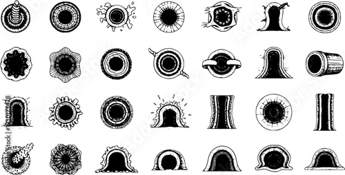 Hand-Drawn Fantasy Terrain Set: Top-Down  Side Views of Holes, Tunnels, and Openings