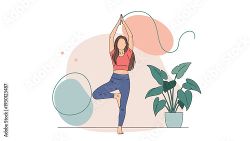 Peaceful woman performs the tree yoga pose in a modern room with a large leafy plant and abstract shapes on a white background.