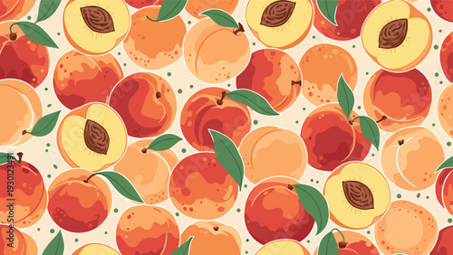 Seamless pattern of juicy peaches and sliced fruit halves with green leaves scattered across a light beige background for design.