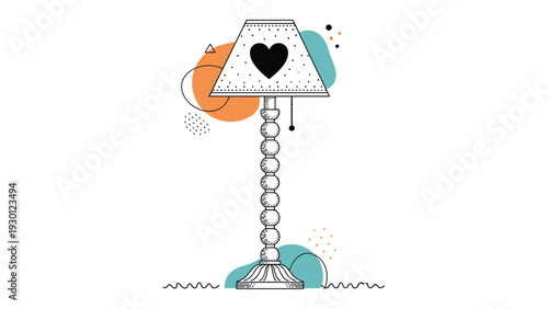 Artistic floor lamp design with a heart symbol on the lampshade surrounded by abstract shapes and dots on a clean white background.