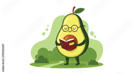 Cute avocado character wearing glasses and holding a book is reading while standing in a park with green bushes and a path.