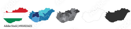 “Hungary map set featuring detailed country outline, regions, and location variations in vector format.