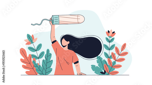 Conceptual illustration of a woman holding a giant tampon above her head in a field of colorful plants to represent period health.