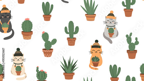 Seamless pattern showing adorable cats wearing winter hats and holding small potted cacti in their paws on a white background.