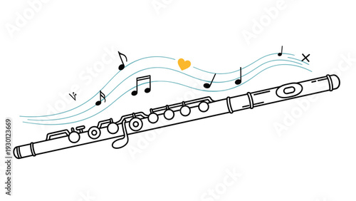 Detailed line drawing of a musical flute with flowing music staves, notes, and a small yellow heart representing a love for music.