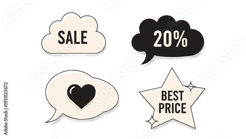 Four different sale stickers including clouds and a star with text for sale, twenty percent off, best price, and a heart icon.