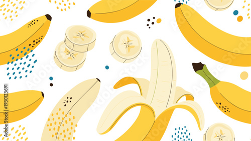 Seamless pattern of whole yellow bananas, sliced pieces, and a partially peeled fruit on a white background with blue and yellow dots.