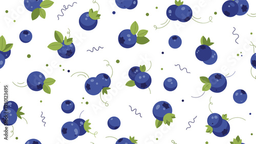 Seamless pattern of ripe blueberries with green leaves and decorative swirls and dots scattered across a plain white background.