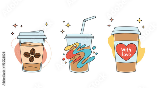 Set of three stylized takeaway coffee cups featuring various designs like coffee beans, abstract patterns, and a heart with love text.