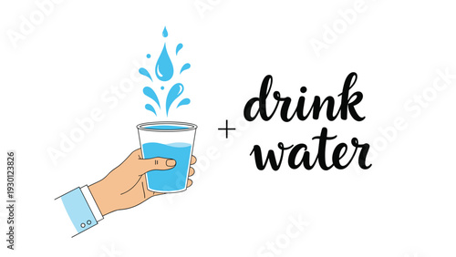 Hand holding a clear glass of water with splashing droplets and the text drink water, emphasizing the importance of hydration.