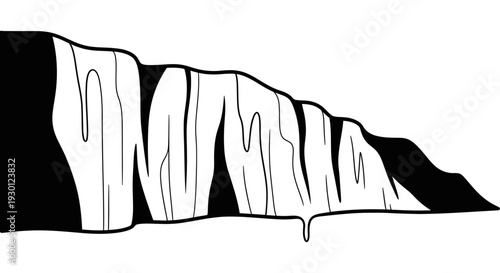 Stylized monochrome natural formation featuring rugged textures and a solitary liquid descent,