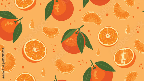Seamless pattern of whole oranges with leaves, fruit slices, and juice droplets scattered on a bright orange colored background.