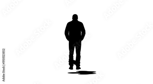 Minimalist black silhouette of an isolated person standing with hands in pockets on a stark white