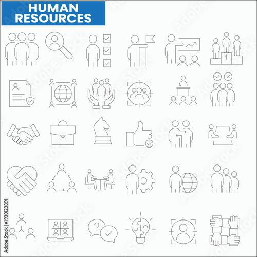 “Human resources icon set featuring recruitment, team management, hiring, and workplace symbols in modern style.”