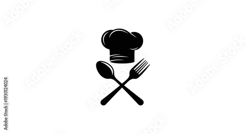 Sleek black silhouette of a chef's hat above crossed dining implements, perfect for food-related