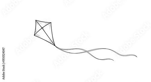 Hand-drawn sketch of a traditional flying kite featuring a long wavy streamer tail on a plain