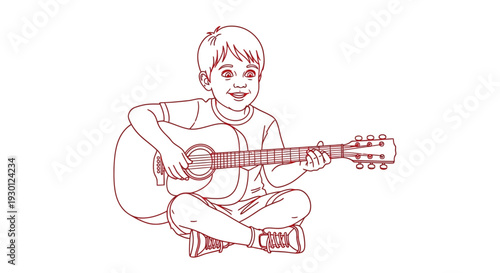Boy Playing Acoustic Guitar Sitting Down.