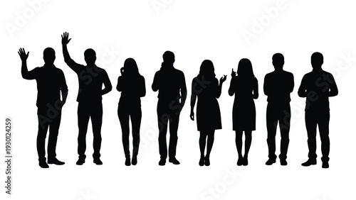A group of people standing in a line with silhouettes isolated on white background, Vector