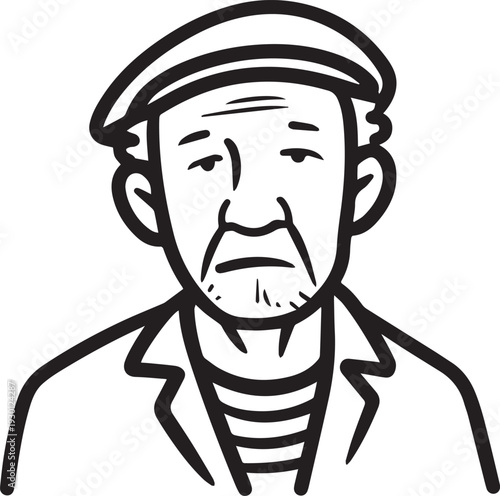 Hand Drawn Old Man Black and White Avatar Illustration in Minimal Line Art Style Design