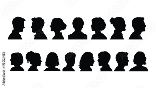 A group of people silhouettes in two rows isolated on white background, Vector