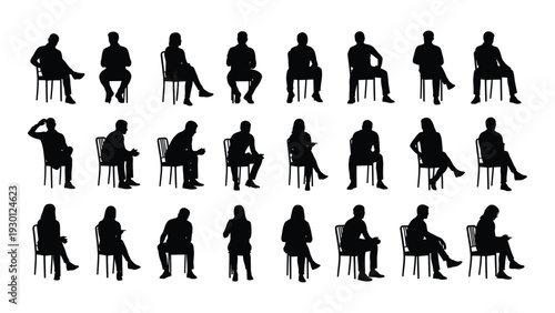 A collection of black silhouettes of people sitting in various positions isolated on white background, Vector