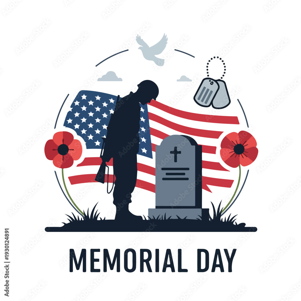 Fototapeta premium Illustration of a soldier, flag, poppy, dove, and gravestone with text
