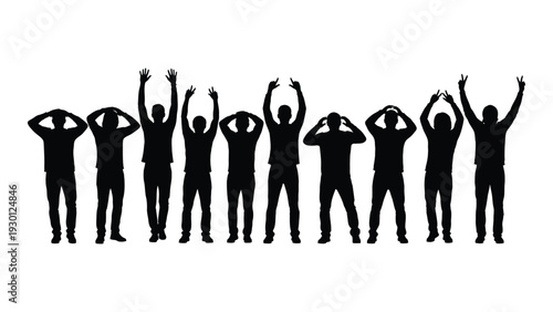 A group of people in silhouette celebrate with raised arms isolated on white background, Vector