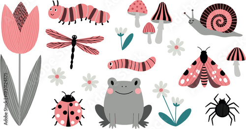 Cute garden animals and insects vector set with frog, ladybug, snail, dragonfly and mushrooms illustration