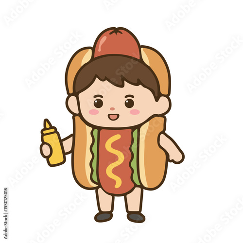 Child in Hot Dog Costume Holding Mustard