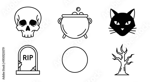 Halloween icons set with skull tombstone cat and cauldron