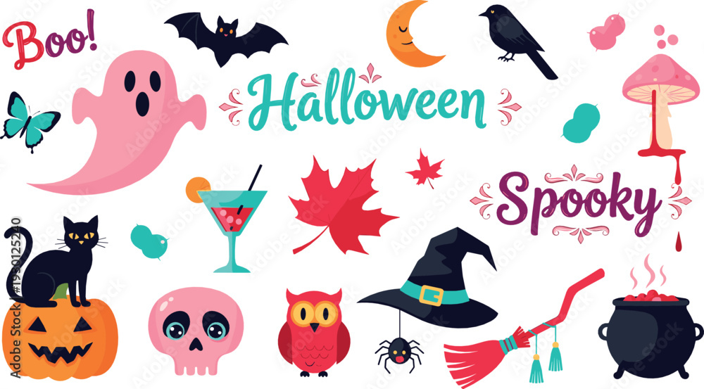 Fototapeta premium Cute Halloween Clipart Set with Ghost Pumpkin Witch Hat Bat and Spooky Elements Vector Illustration