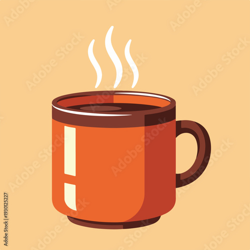 Illustration of a steamy coffee mug with a brown handle on a peach background