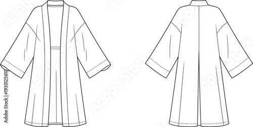 Kimono robe technical drawing template, front and back view fashion illustration isolated on white background
