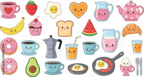 Cute kawaii breakfast food and drink characters vector set with coffee cups, fruits, pastries and smiling cartoon illustration