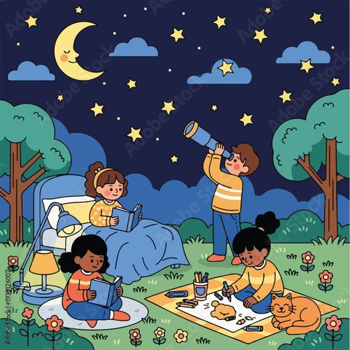 Illustration of children enjoying night activities like reading and stargazing