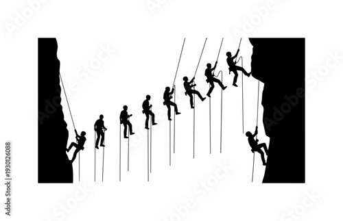 Team Climbing Together on Rocky Wall