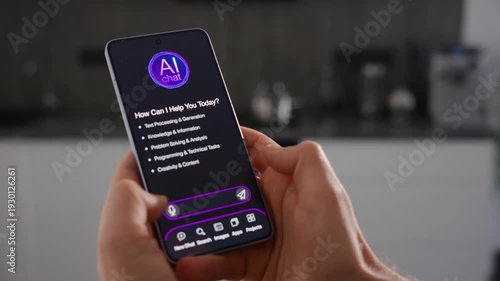 User Communicates With Virtual AI Companion Amidst Kitchen Utensils And Household Appliances