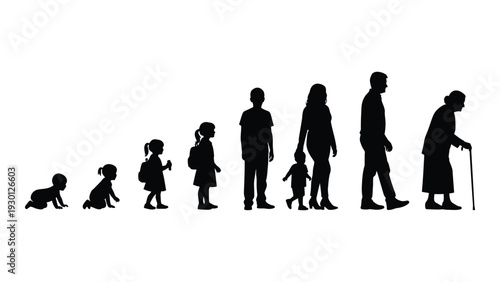 A silhouette of people in chronological order of age isolated on white background, Vector