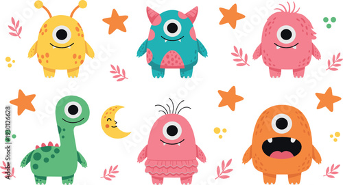 Cute one-eyed monsters set – colorful cartoon alien creatures for kids